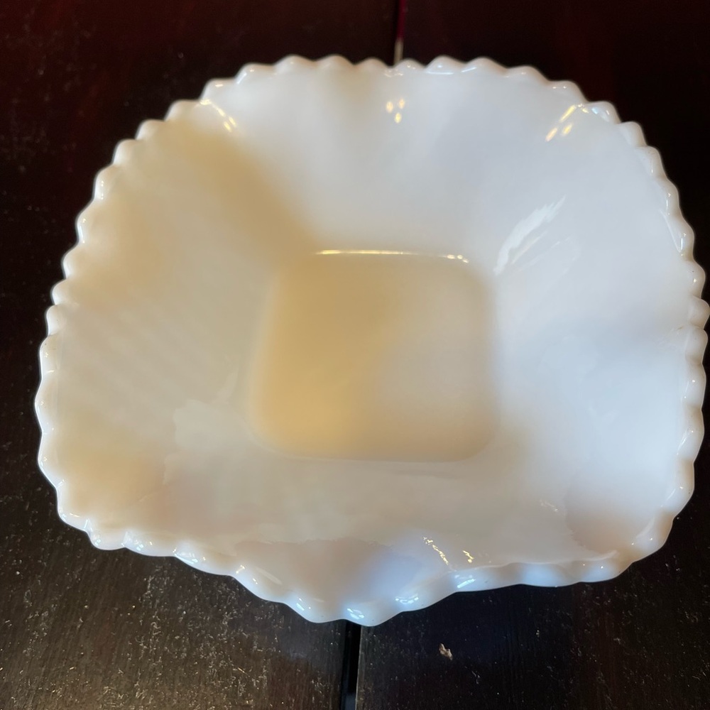 Vintage Hazel Atlas Diamond Ruffled Edge Milk Glass Candy Dish 6 Inch Square